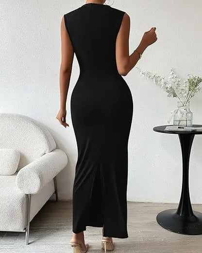 Women's Ruched Bodycon Dress Summer Casual Sleeveless Back Slit Elegant Club Evening Party Cocktail Maxi Dresses