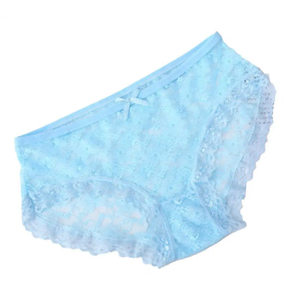Women Panties Mid Waist Breathable Stretch Hollow Bowknot Soft See-through Lace Sexy Ladies Briefs Underpants Underwear