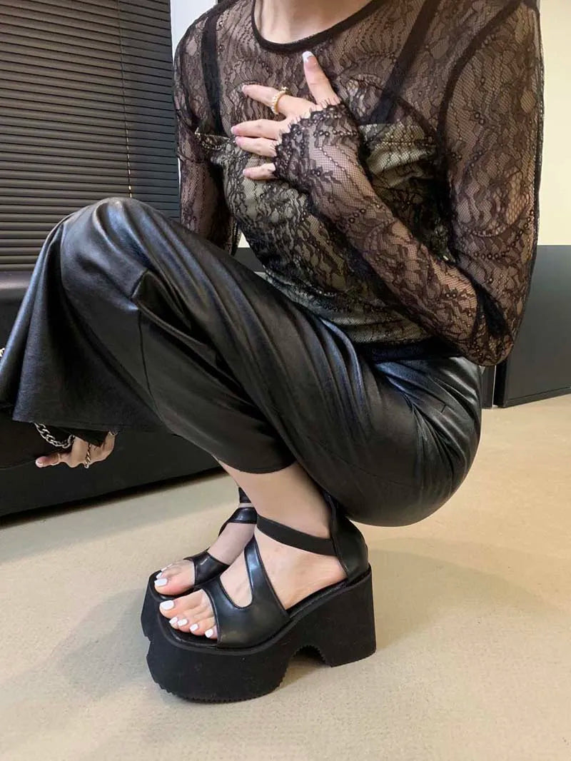 Black Gladiator Sandals Woman Platform High Heels Summer Back Zipper Shoes Punk Chunky Sandals Female Samdalias De Plataforma