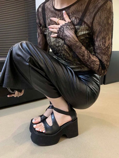 Black Gladiator Sandals Woman Platform High Heels Summer Back Zipper Shoes Punk Chunky Sandals Female Samdalias De Plataforma