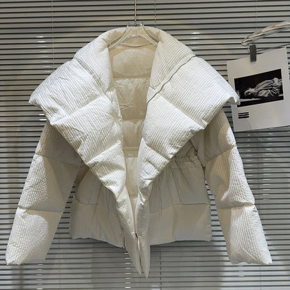 Winter Big Turn Down Collar Long Down Jacket Drawstring Striped Thick Knee Length Overcoat Warm White Duck Down Jacket Women
