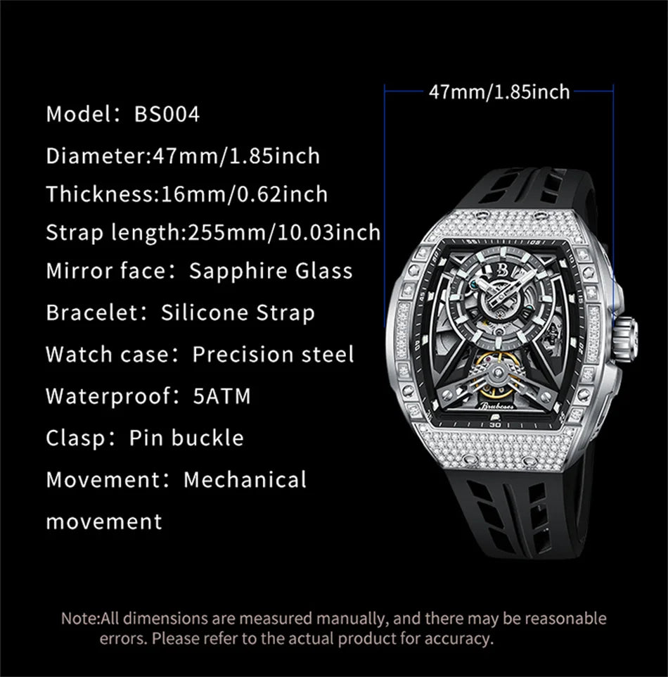 Men Mechanical Winding Watch Montre Homme 2024 New BRUBOSES 5ATM Water Resistant Luminous Tonneau Quartz Wristwatch WIth Diamond