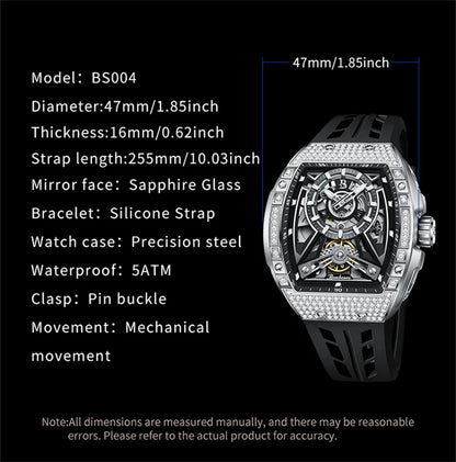 Men Mechanical Winding Watch Montre Homme 2024 New BRUBOSES 5ATM Water Resistant Luminous Tonneau Quartz Wristwatch WIth Diamond