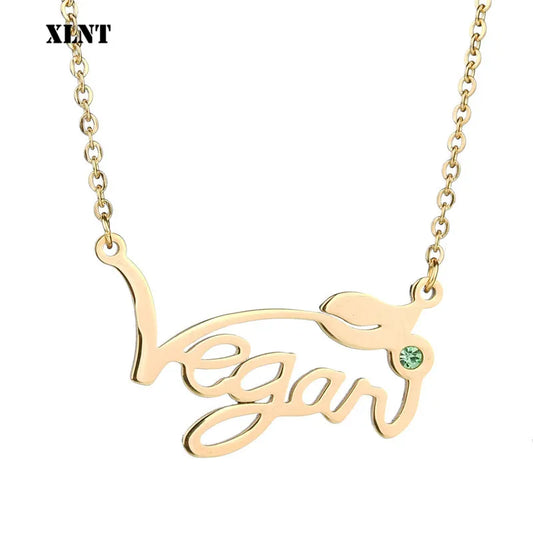 XLNT Silver Gold Rose Vegan Necklace Letters Vegan Pendant Vegetarian Choker Vegan Jewelry Gift for Vegetarian People