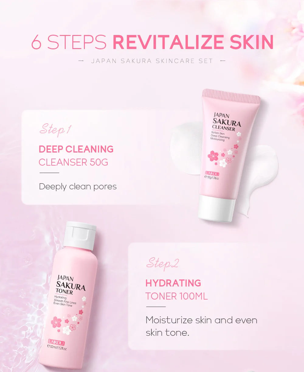 LAIKOU Sakura Skin Care Sets Facial Cleanser Eye Creams Face Cream Serum Lotion Toner Brightening Moisturizing Face Care Kit