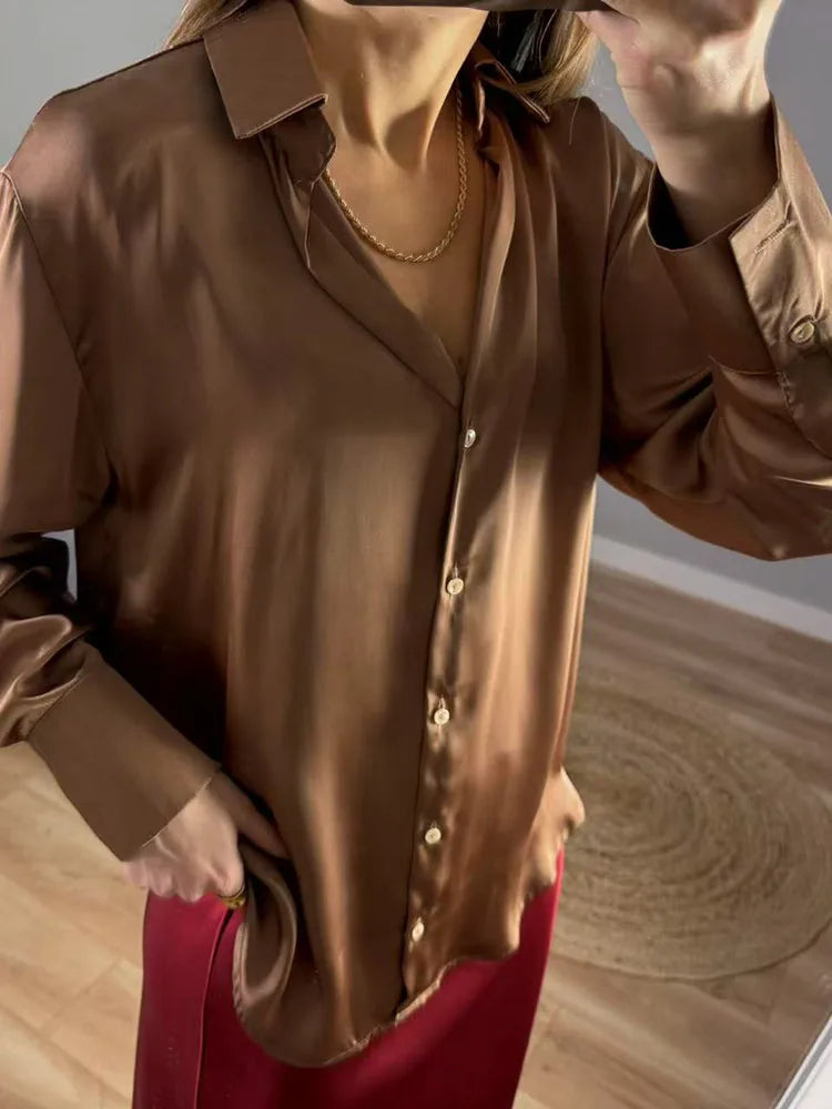 Office Wear Women Shirts Satin Blouse Luxury Pink Long Sleeve Formal Shirts Female Button Silk Tops For Women Elegant All-Match
