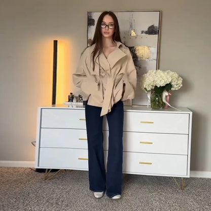 Casual Office Women's Bomber Jacket Chic Lace Up Lapel Collar Full Sleeve Female Coat Spring New Office Lady Outerwear Commuting