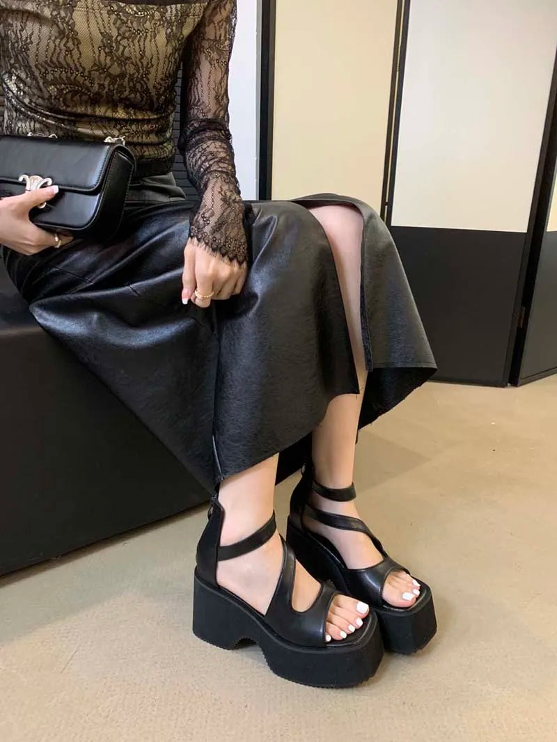 Black Gladiator Sandals Woman Platform High Heels Summer Back Zipper Shoes Punk Chunky Sandals Female Samdalias De Plataforma