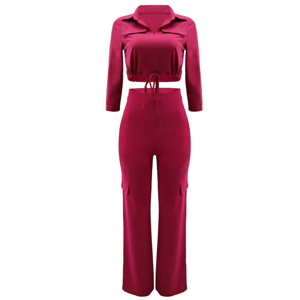 Elegant Office Women Two Piece Sets Autumn V Turn-down Neck Half Sleeve Drawstring Lace Up Short Shirt + Wide Leg Trousers Set