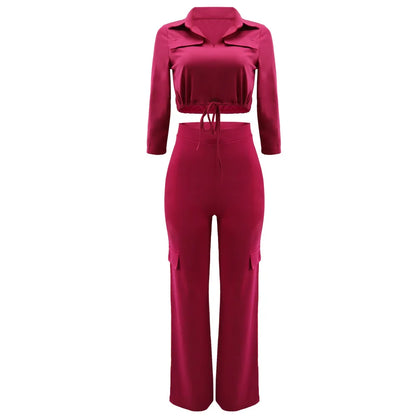 Elegant Office Women Two Piece Sets Autumn V Turn-down Neck Half Sleeve Drawstring Lace Up Short Shirt + Wide Leg Trousers Set