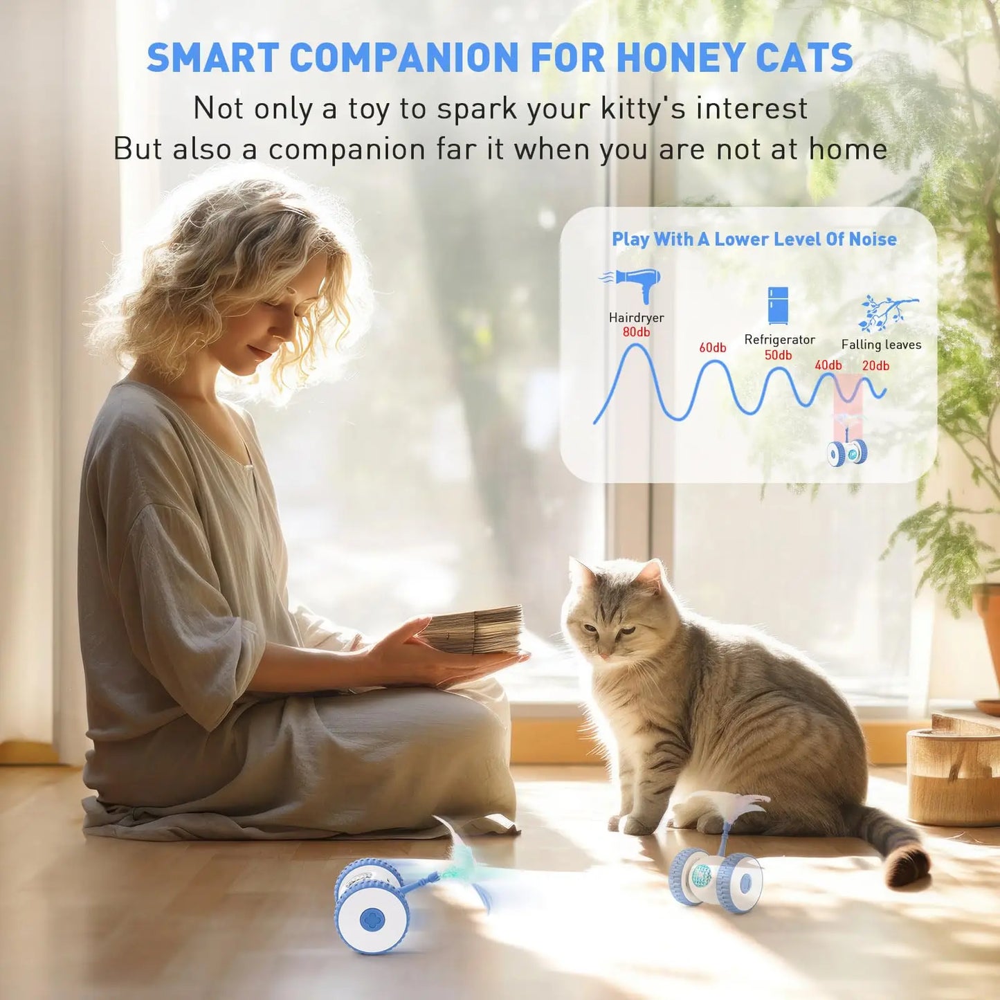 Interactive Cat Toys, Smart Sensing Automatic Cat Toy with Color Light and Feathers Wand, USB Rechargeable Cat Toys for Indoor