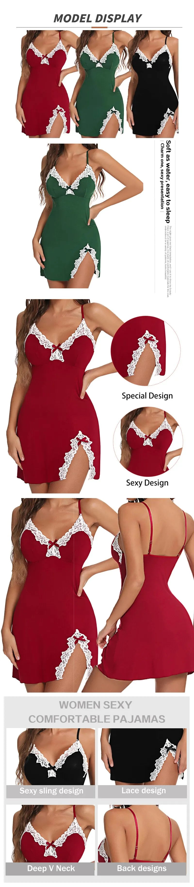 Sexy Sleepwear Women Lace Silk Satin V-Neck Nightgown Split Hem Soft Lingerie Night Dress Sleeveless Sleepwear Female Clothes