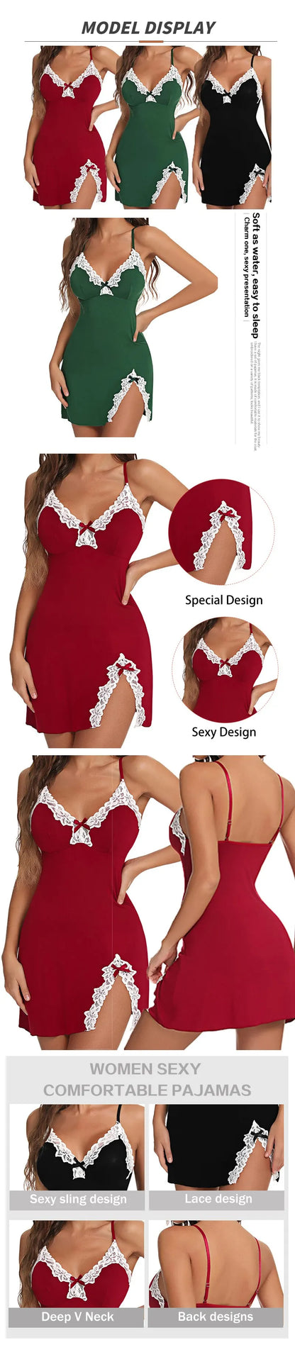 Sexy Sleepwear Women Lace Silk Satin V-Neck Nightgown Split Hem Soft Lingerie Night Dress Sleeveless Sleepwear Female Clothes