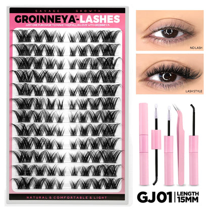 GROINNEYA Lash Clusters Kit DIY Lash Extension Volume Waterproof Individual Lashes Clusters Kit Lash Bond & Seal & Lash Tweezers