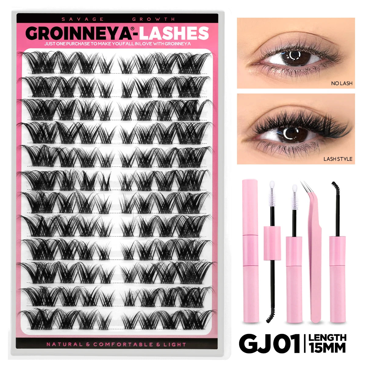 GROINNEYA Lash Clusters Kit DIY Lash Extension Volume Waterproof Individual Lashes Clusters Kit Lash Bond & Seal & Lash Tweezers