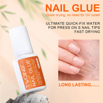 Twoing Waterproof Liquid Nail Adhesive,Long-Lasting & Fast-Drying, Formaldehyde-Free, Compatible with Acrylic Nails Fake Nails