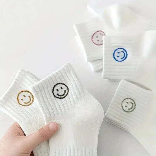 5 Pairs of Whimsical Cartoon Face Print Short Socks - Soft, Breathable, and Comfortable Polyester Knit Fabric
