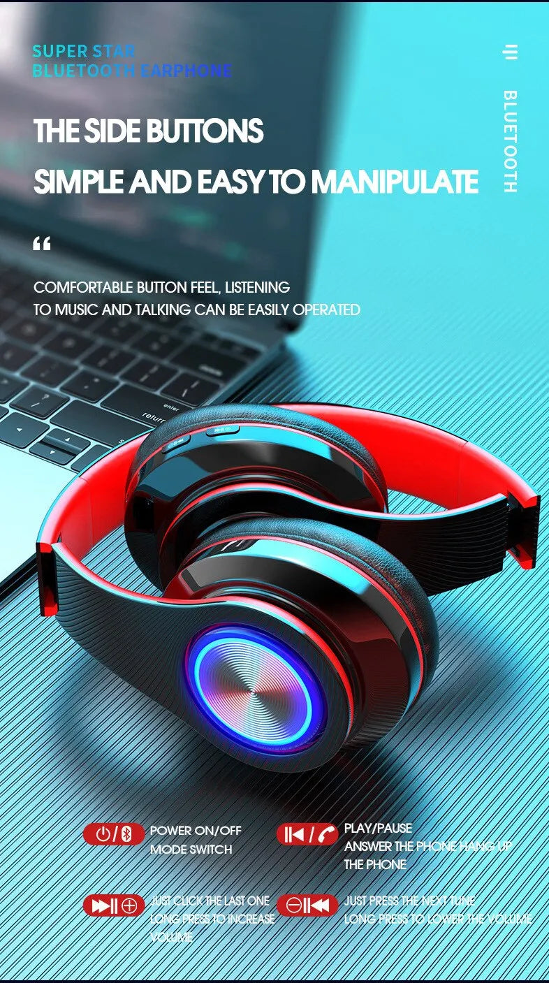 over-ear bluetooth headset wireless subwoofer headset folding card colorful luminous headset