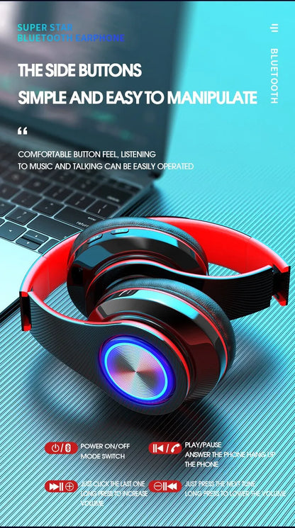 over-ear bluetooth headset wireless subwoofer headset folding card colorful luminous headset