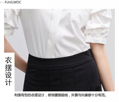 Office Lady Basics Fashion White Shirts New Women Summer Work Solid V Neck Tops Blouses French Design Interview Shirt Cotton