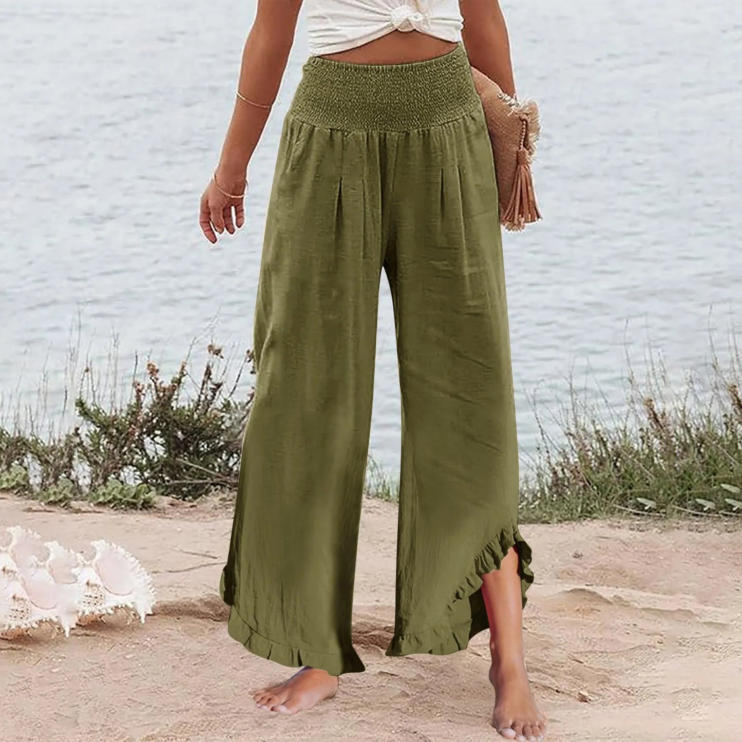 Summer Womens Palazzo Pants Summer Casual Flowy Wide Leg Trousers Beach Travel Vacation Outfits All Match Loose Baggay Pants