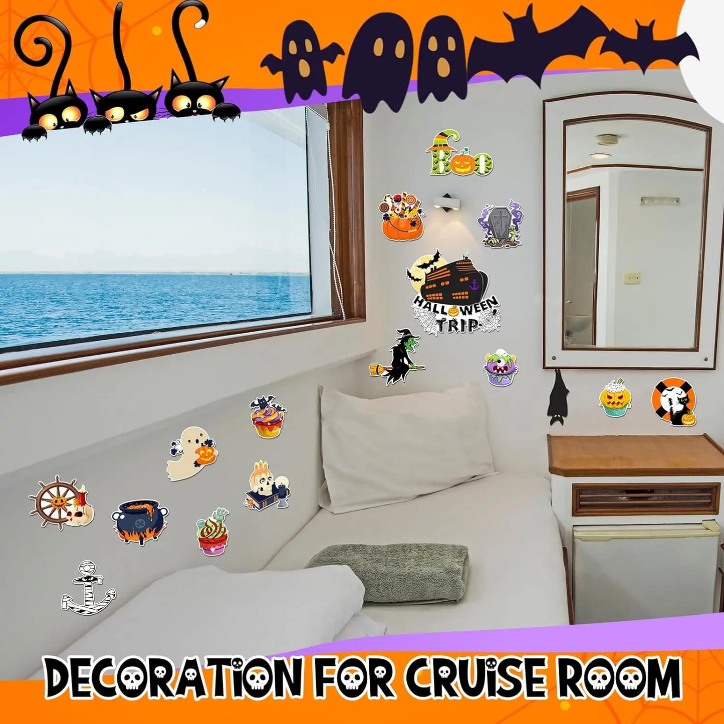 16 Pcs Halloween Cruise Door Decorations Magnetic Halloween Car Magnets Anchor Life Preserver Pumpkin Bats Skeleton Magnets for