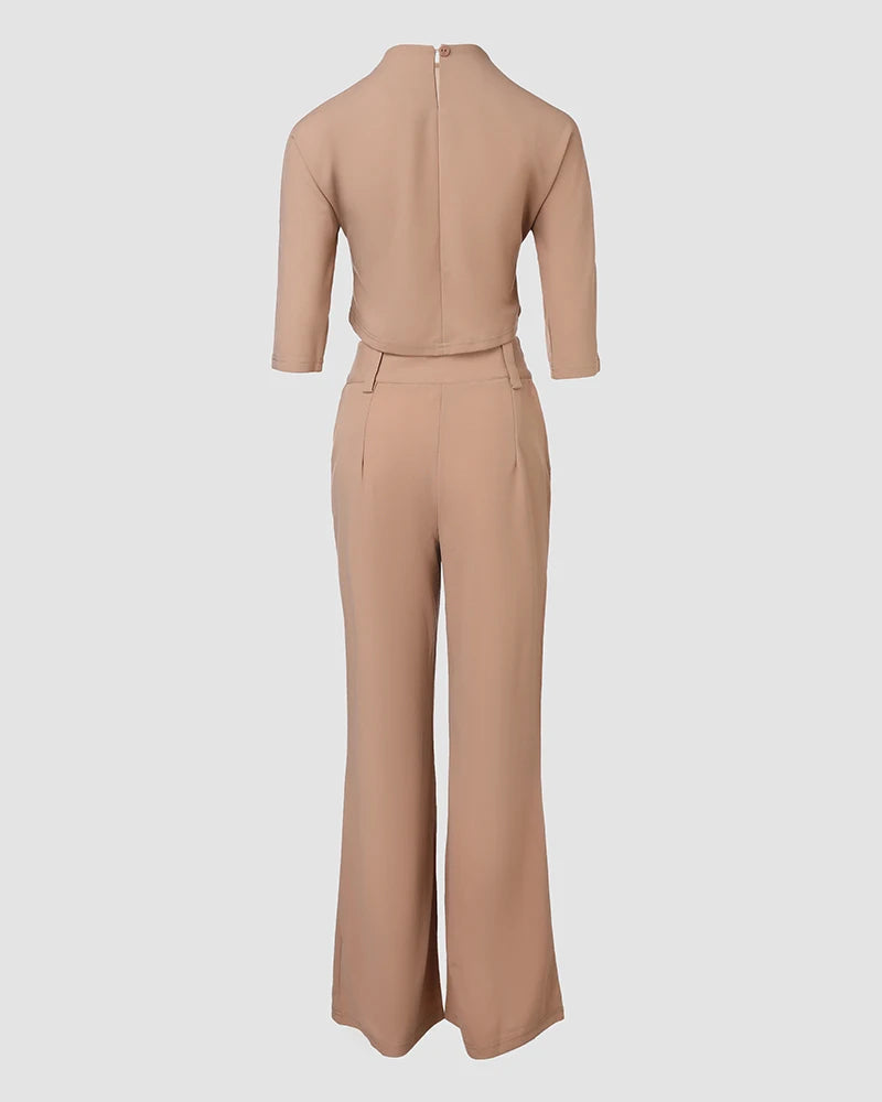 Elegant 2-Piece Women's Office Outfit Set with Mock Neck Crop Top And Buttoned Pants with Pocket Lady Work Wear matching Sets