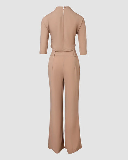 Elegant 2-Piece Women's Office Outfit Set with Mock Neck Crop Top And Buttoned Pants with Pocket Lady Work Wear matching Sets