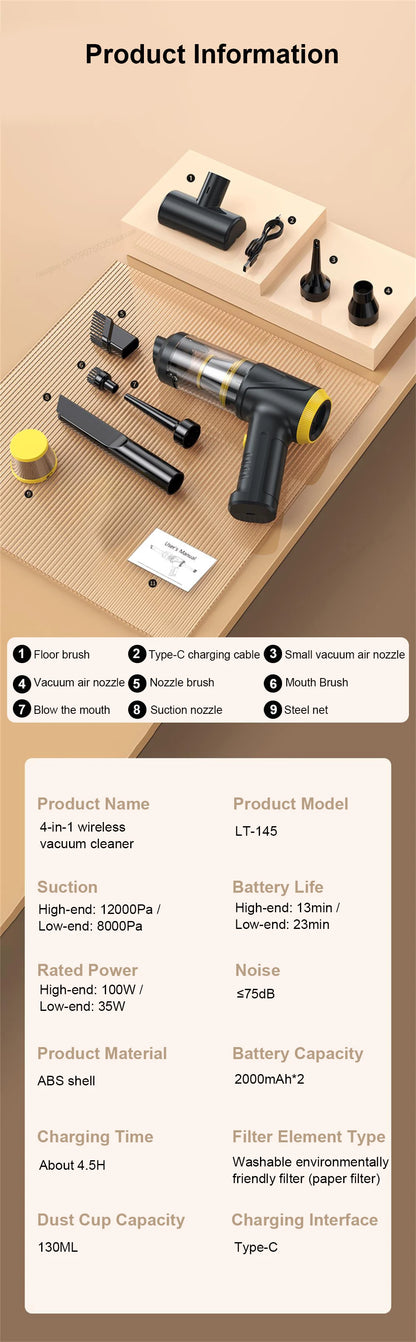 Car Vacuum Cleaner 12000PA Portable Vacuum Cleaner Strong Suction Handheld Vacuum Cleaner Wireless Vacuum Cleaner for Car Home