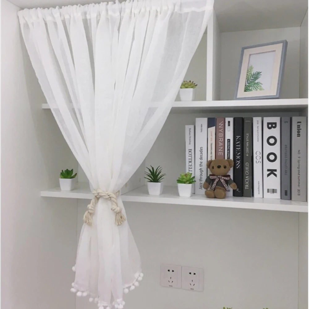 Solid White Short Kitchen Curtain Modern Style Curtain Rod Pocket Cabinet Curtain Window Curtain With Beads