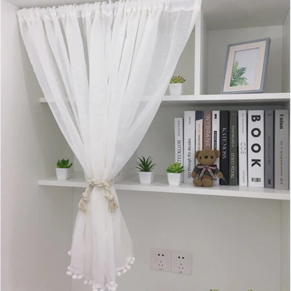 Solid White Short Kitchen Curtain Modern Style Curtain Rod Pocket Cabinet Curtain Window Curtain With Beads