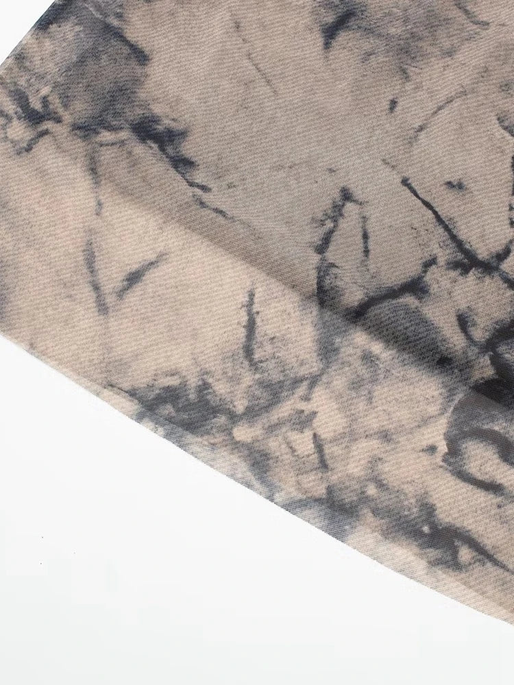 Tangada 2024 Women Print Pleated Mesh Dress Long Sleeve Sexy Famle Stand Collar Maxi Dresses 3H406