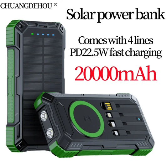 Portable Solar Power Bank Pd22.5W Fast Charging 20000Mah Large Capacity, Wireless Fast Charging and Comes with 4 USB Cable Mobile Power Supply, with Strong Light Led Light, Solar Power Bank Fast Rechargeable Battery