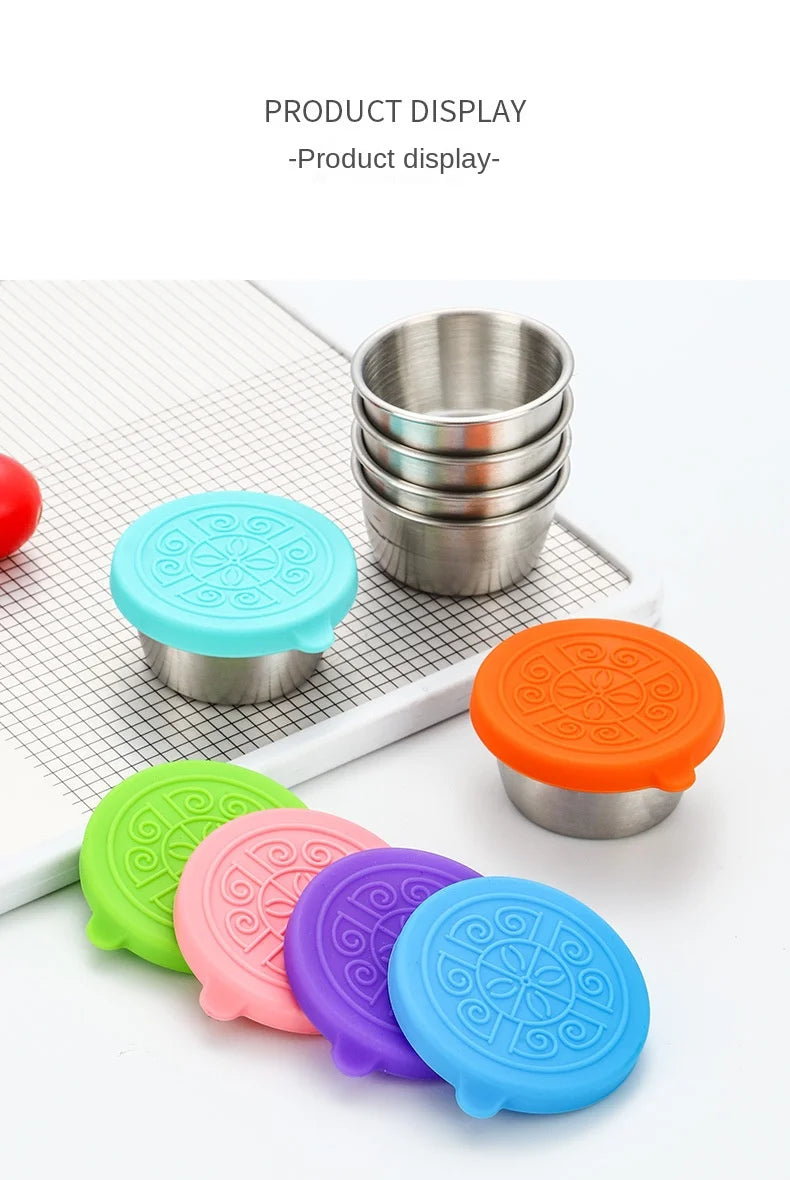 6 Pcs Set Leakproof Stainless Steel Dipping Sauce Cups Food Containers Reusable Salad Dressing Container Silicone Stretch Lids