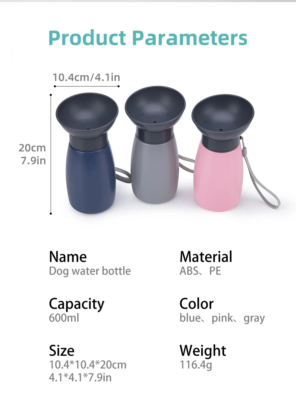 600ml Portable Dog Water Bottle Large Dogs High Capacity Fountain Water Dispenser Outdoor Dog Drinking Bowl Labrador Supplies