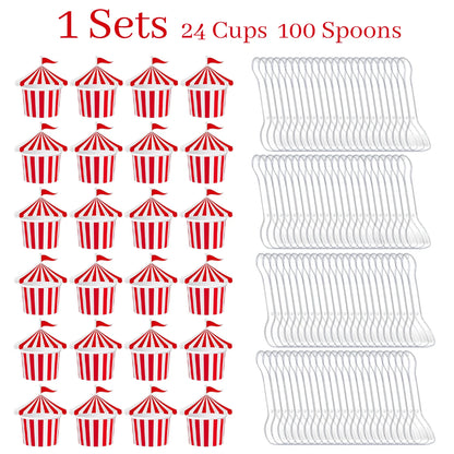 24Pcs Ice Cream Cups with 100 Spoons Carnival Party Circus Tent Shaped 8 oz Paper Carnival Cup Red White Striped Snack Cup Party