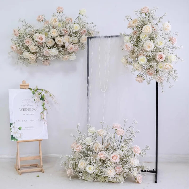 Luxury White Rose Babys breath Artificial Flower Row Wedding Backdrop Arch Decor Hang Floral Arrangement Event Party showcase