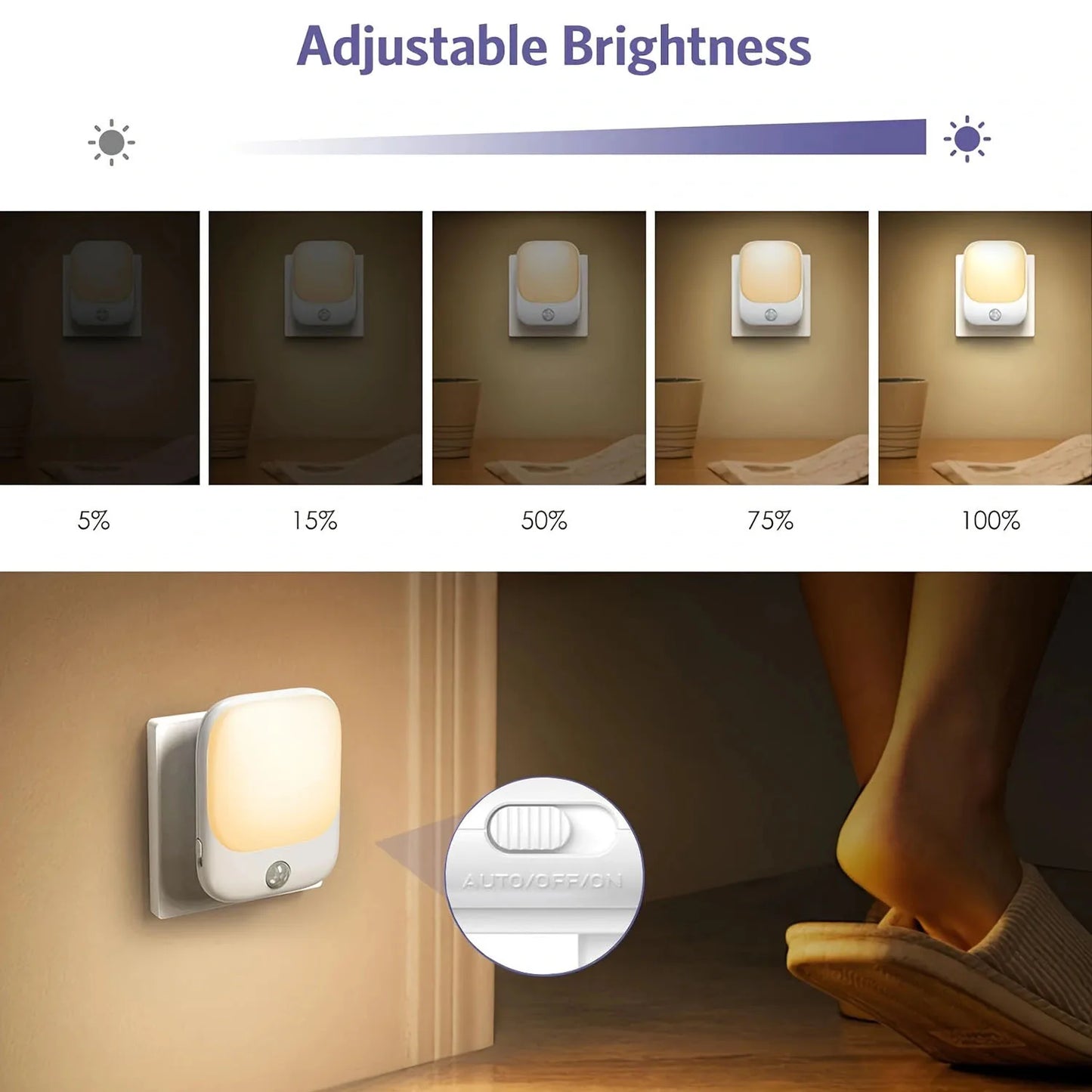 Smart LED Night Light with Sensor, Adjustable Brightness, Suitable for Bedroom, Bathroom, Corridor, Staircase, Kitchen - Plug-in