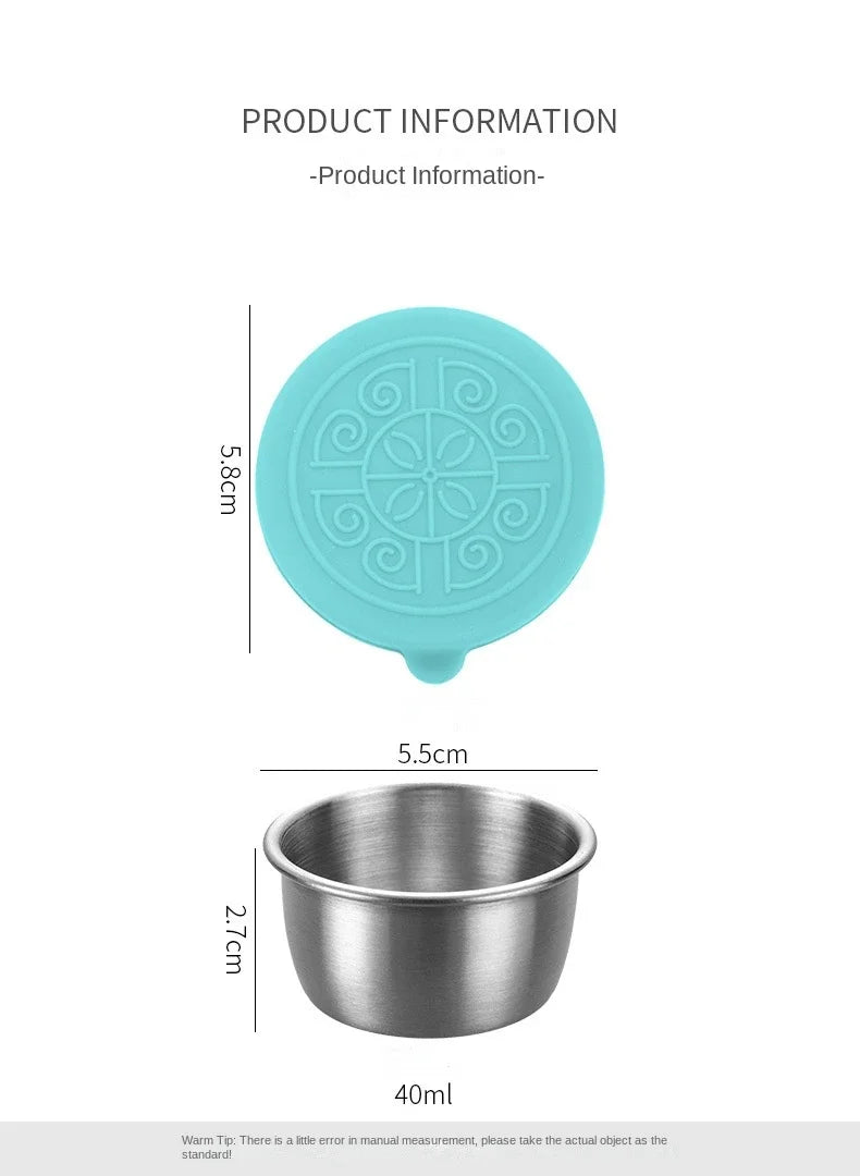 6 Pcs Set Leakproof Stainless Steel Dipping Sauce Cups Food Containers Reusable Salad Dressing Container Silicone Stretch Lids