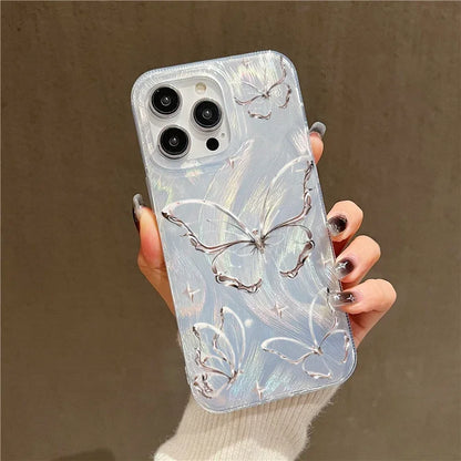 Luxury Laser Silver Butterfly Phone Case for iPhone 15 Pro Max 14 13 12 11 XS XR X 7 8 Plus SE 2020 2022 SE2 SE3 Silicone Cover