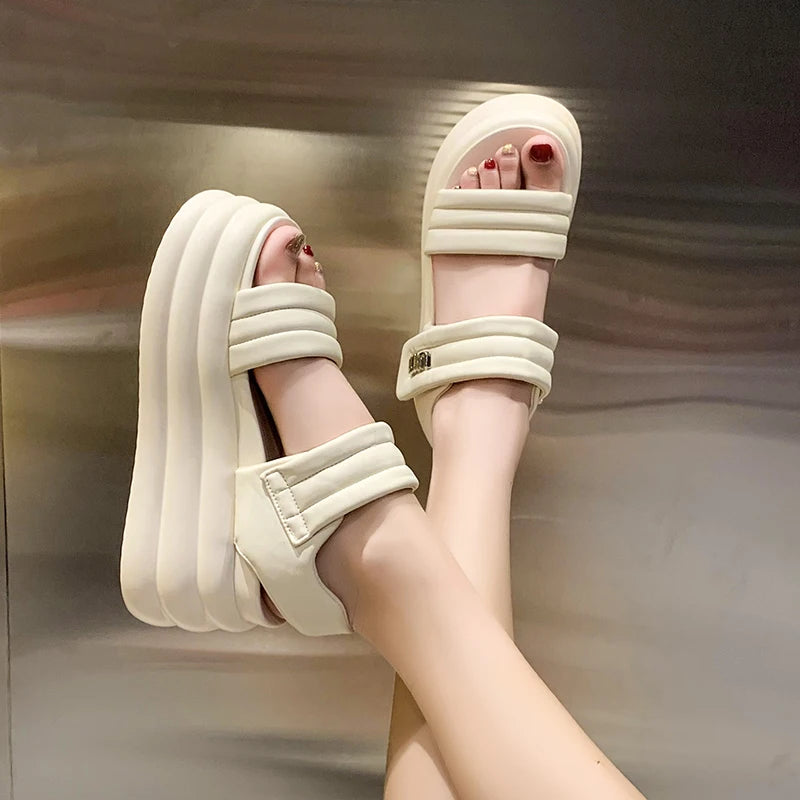 2025 Summer Women Chunky Sandals Leather High Platform Trainers Breathable Casual Slippers Shoes Woman 8.5CM Heels Wedge Sneaker