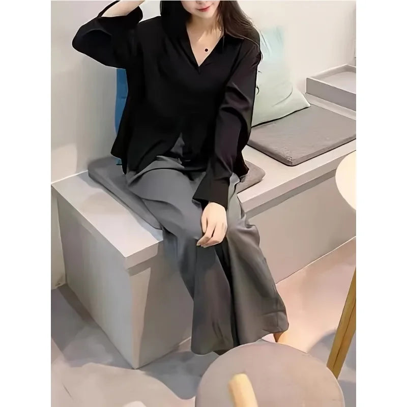 Fashion Casual Office Lady Silk Blouses Autumn Long Sleeve Button Up Shirt Women Elegant Winter Tops  Office Lady Acetate Blouse