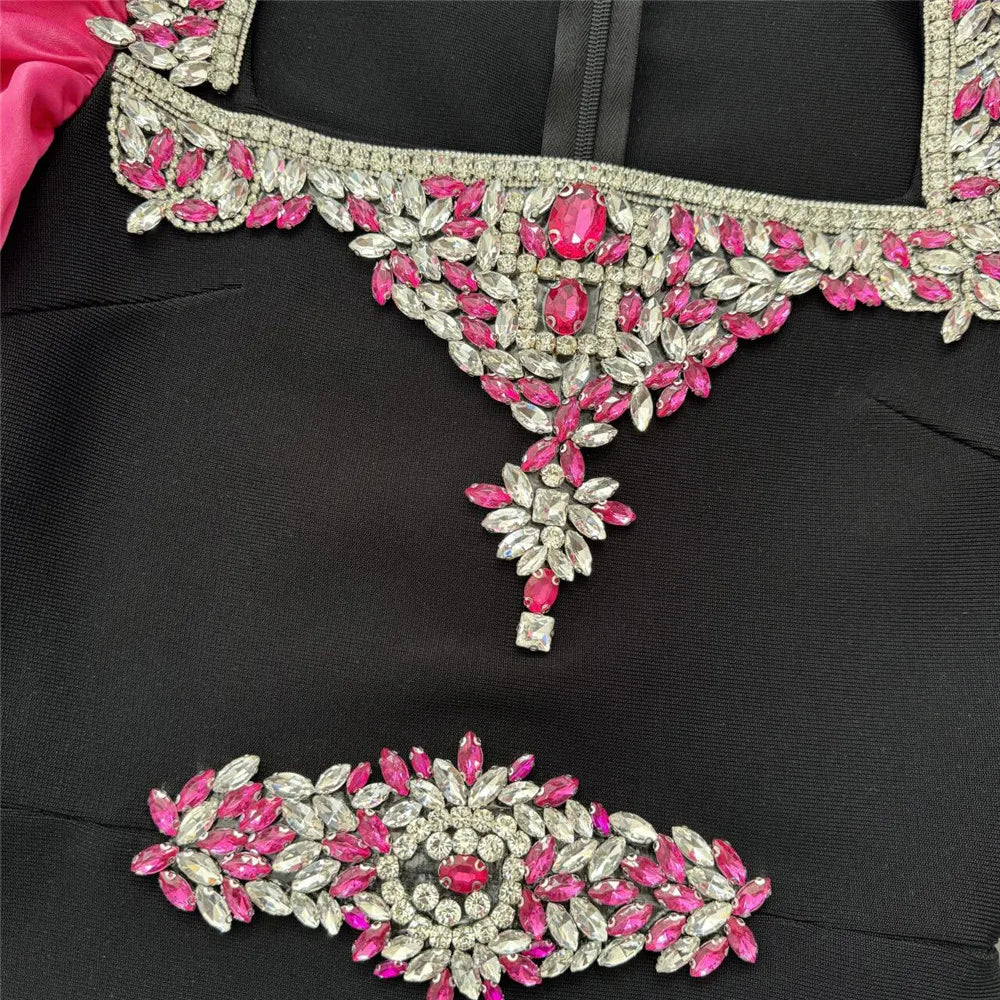 Women Elegant Puff Sleeve Bandage Dress Sexy Beading Bodycon Clothes Celebrity Party Evening Maxi Dresses