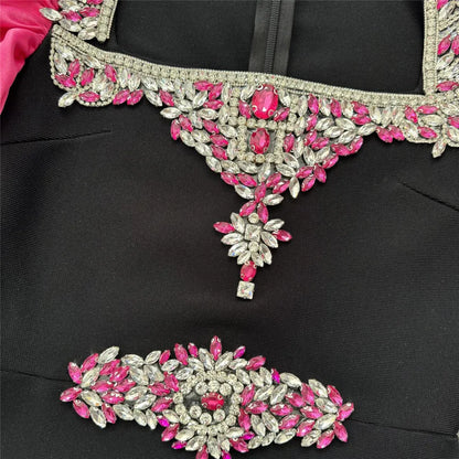 Women Elegant Puff Sleeve Bandage Dress Sexy Beading Bodycon Clothes Celebrity Party Evening Maxi Dresses