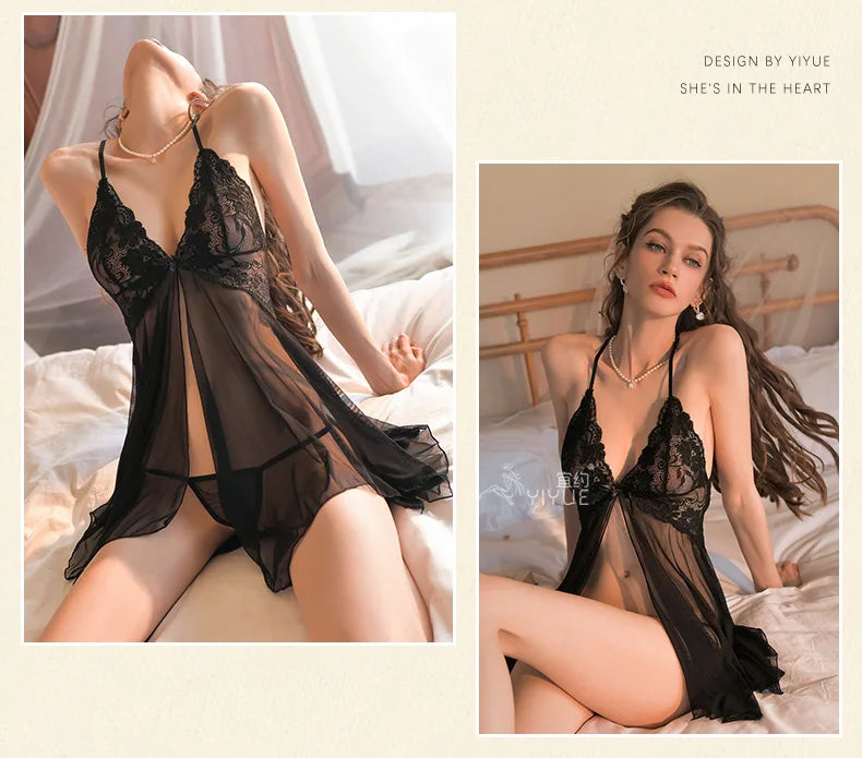 New Sexy Ladies Lace Camisole Nightgown Nightgown Homewear Sets Ladies Transparent Mesh Pajamas Erotic Lingerie Nightgowns