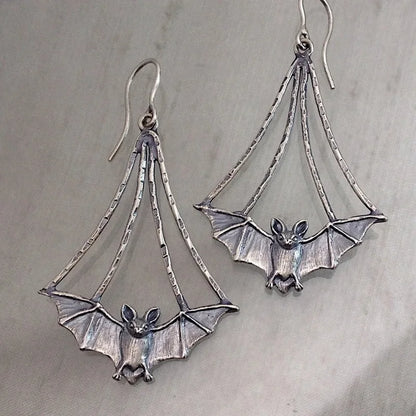 Vintage Metal Artisan Carved Bat Earrings Women's Simple Hip Hop Hook Drop Earrings