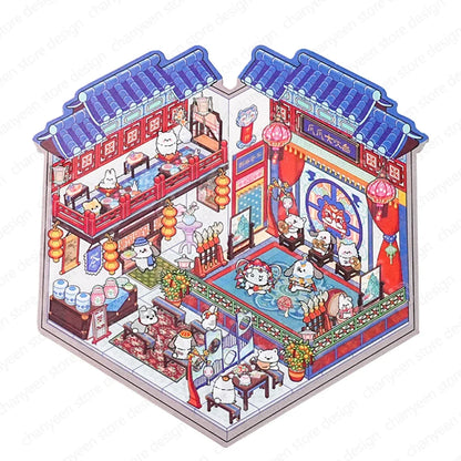 Cartoon 3D Chinatown Landscape Sticker Theater Pharmacy Restaurant DIY Pocket Cabin Scene Stickers Gift for Kid Child