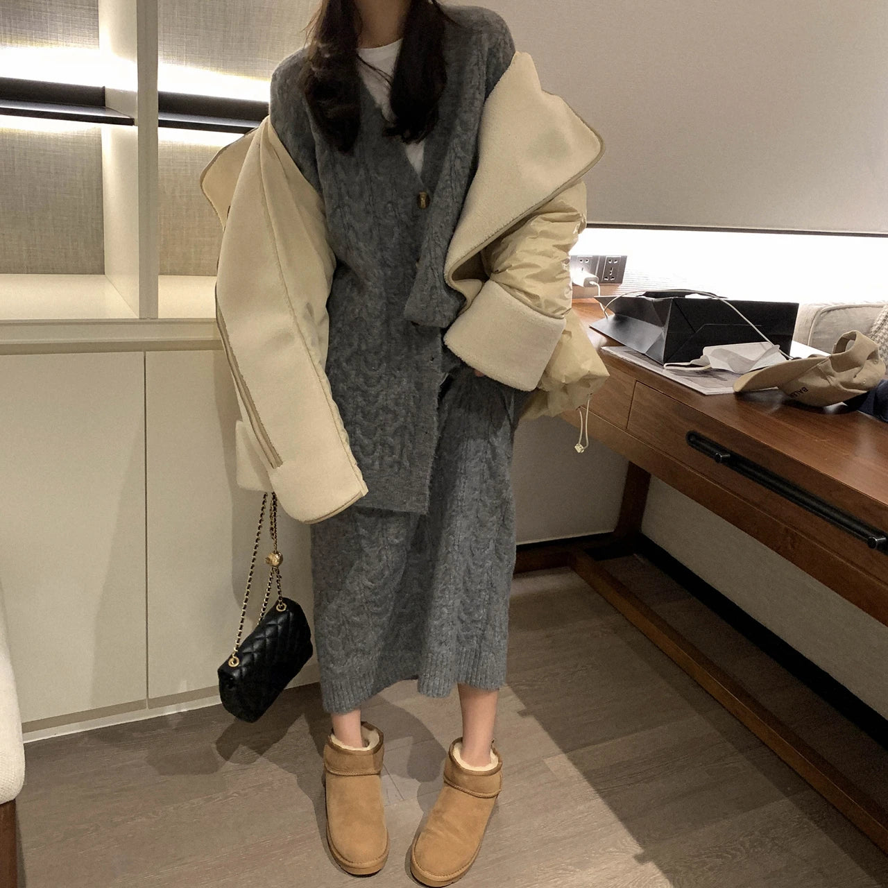 Women Sweater Winter 2 Piece Sets Elegnat Knitted Suits Female Sweaters Vintage Womens Skirt High Waist Autumn Vintage Vestidos