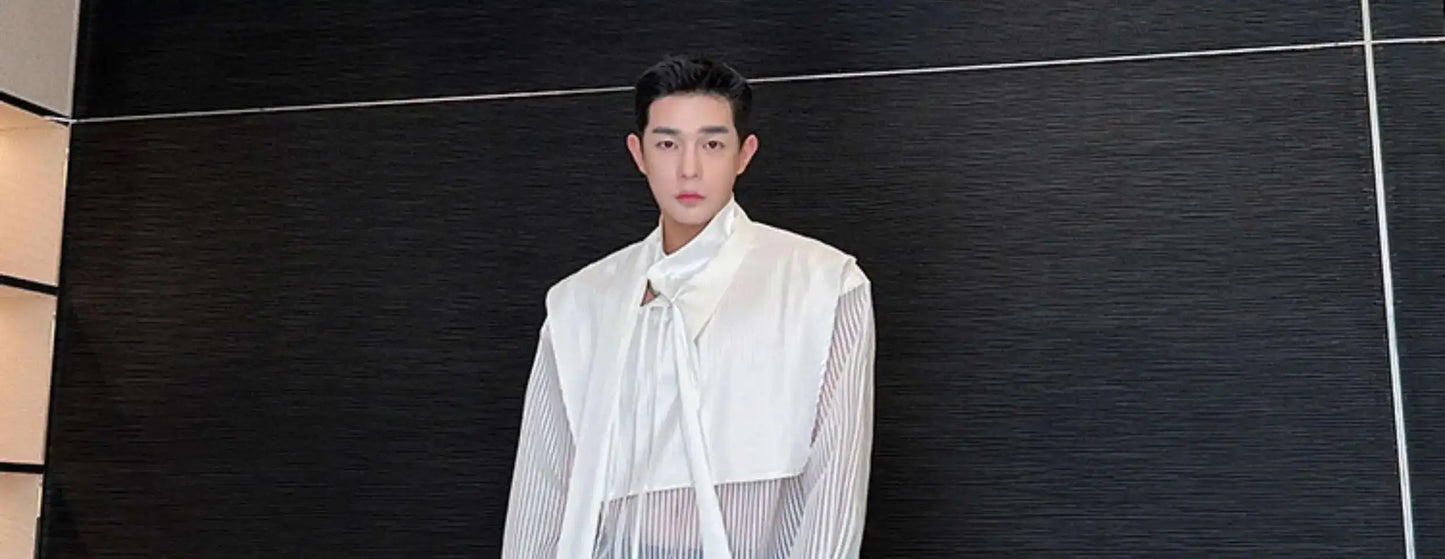 LUZHEN Stylish Personality Ribbon Decorate Translucent Long Sleeve Shirts Men's Elegant 2025 New Stylish Fake Two Piece LZ2413