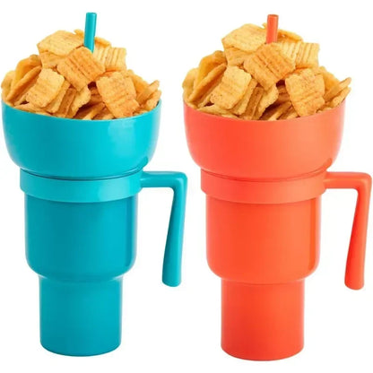 900-1000ml Large Capacity Beverage Popcorn Integrated Multifunctional Straw Cup Bowl Creative Snack Drinks Cup